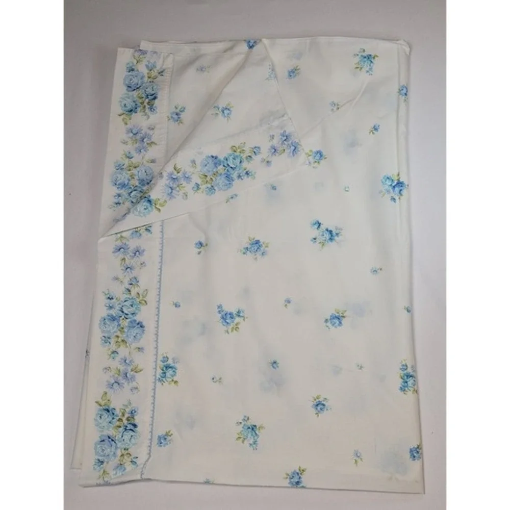 Vintage JC Penney Penn-Press‎ Twin Sheet Aqua Floral 72x104 No Iron Muslin 1970s
